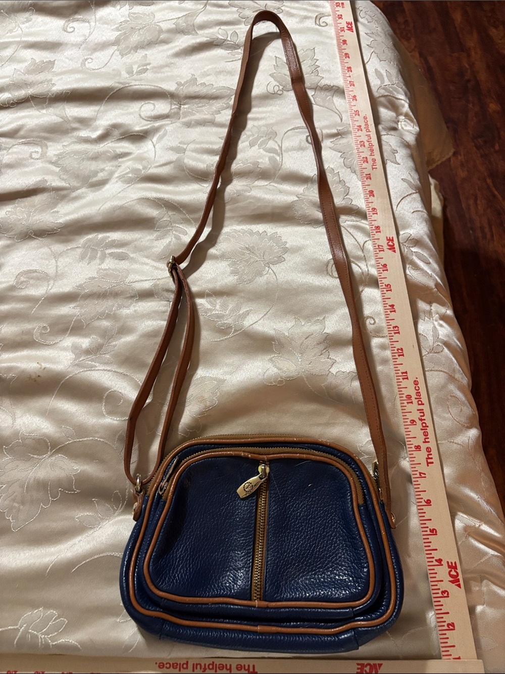 Valentina Navy Crossbody Bag with Brown Trim